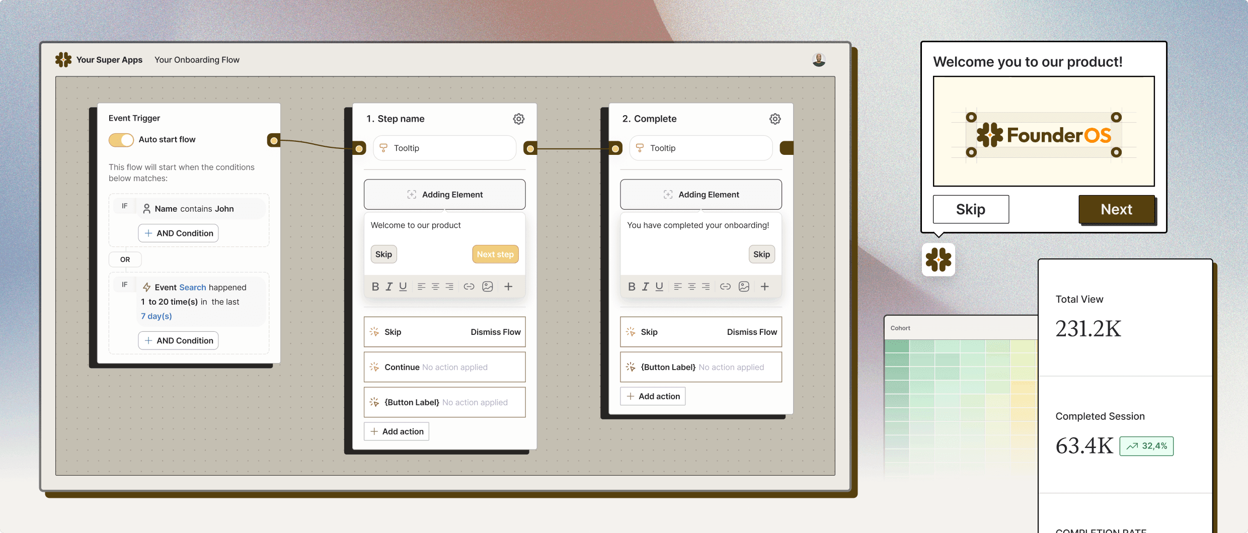 FounderOS onboarding and analytics preview